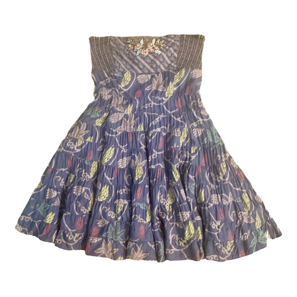 Free People Strapless Dress Ruffle Floral Embroidered Fully Lined Boho Size 6